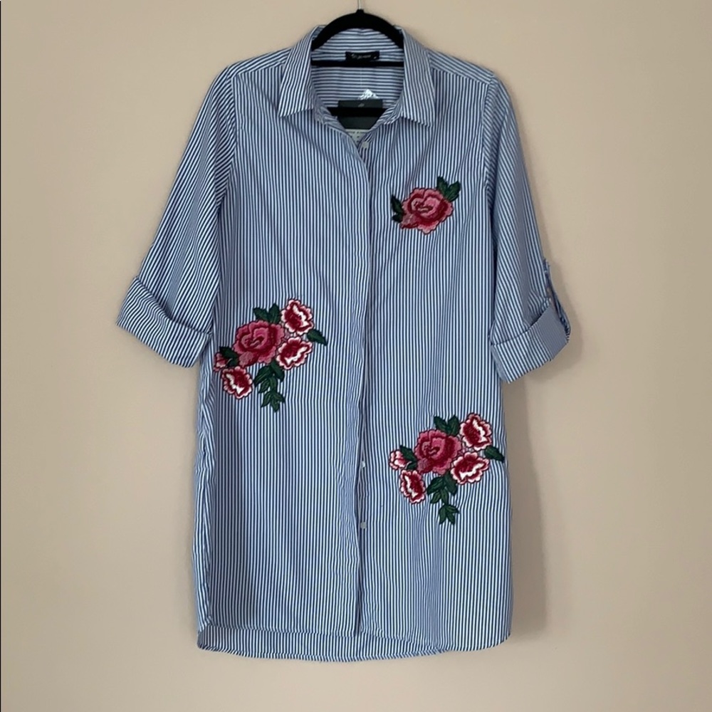 Button Down Tunic Dress with Embroidered Detail
